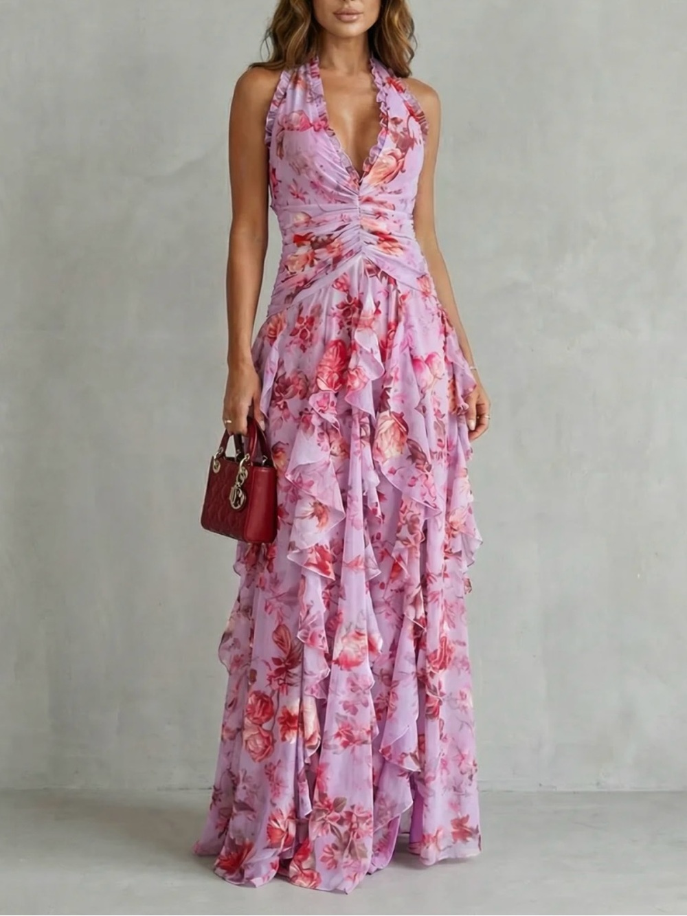 Romantic Pink Floral Halter Ruffle Maxi Dress